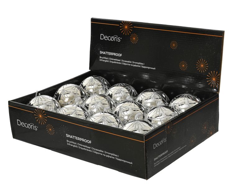 Bombka choinkowa 8cm plastikowa srebrna lustrzana błyszcząca z brokatem – zdjęcie 2