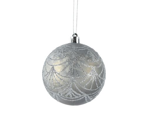 Bombka choinkowa 8cm polistyrenowa miękki szary nietłukąca z lakierem lodowym i metalową czapką – zdjęcie 1