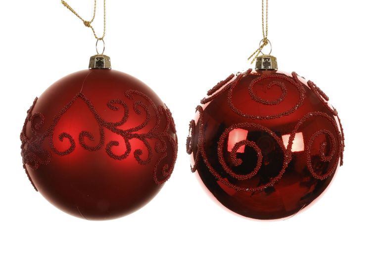 Bombka świąteczna 8cm styropianowa czerwona błyszcząco-matowa z koralikami dekoracyjnymi na nitce – zdjęcie 1