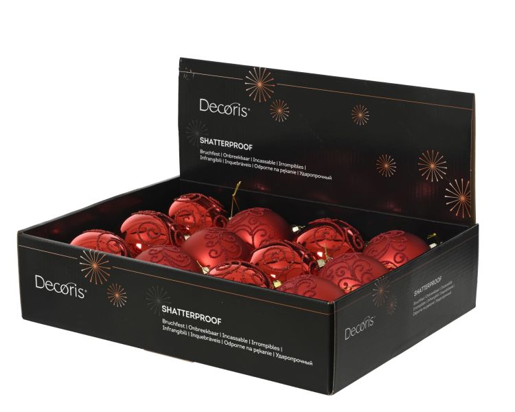 Bombka świąteczna 8cm styropianowa czerwona błyszcząco-matowa z koralikami dekoracyjnymi na nitce – zdjęcie 2