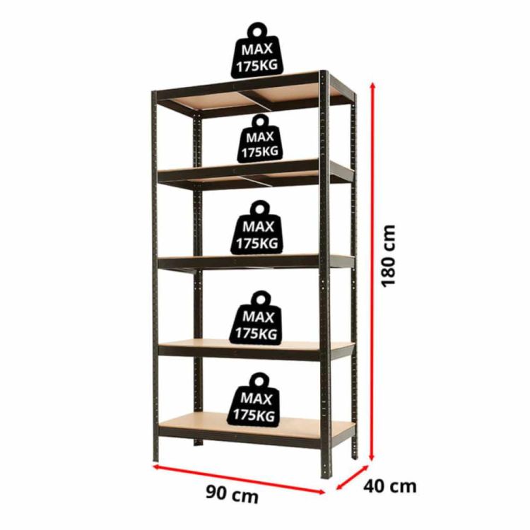 Regał metalowy magazynowy czarny 180x90x40 cm 5 półek 175 kg do garażu i piwnicy