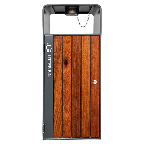 Kosz na śmieci ogrodowy szary 55L stal nierdzewna z popielniczką i drewnem jatoba Serpent Tree Exclusive