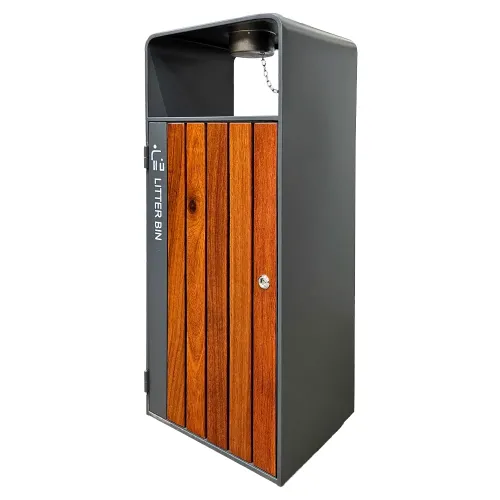 Kosz na śmieci ogrodowy szary 55L stal nierdzewna z popielniczką i drewnem jatoba Serpent Tree Exclusive