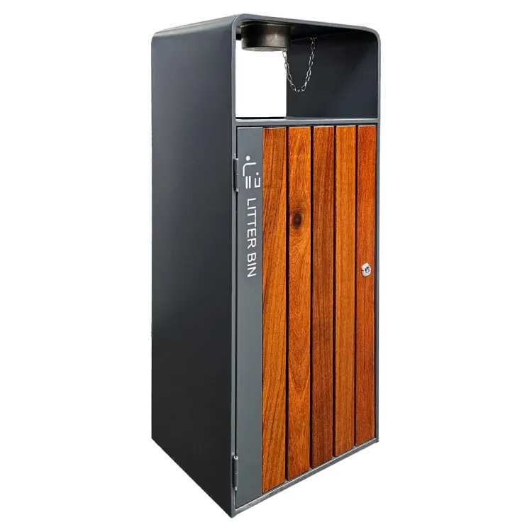 Kosz na śmieci ogrodowy szary 55L stal nierdzewna z popielniczką i drewnem jatoba Serpent Tree Exclusive