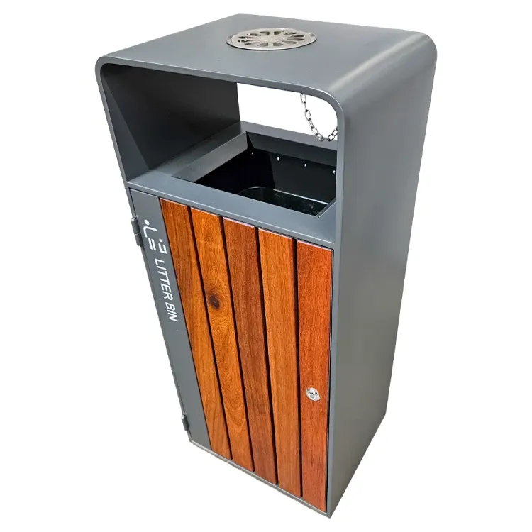 Kosz na śmieci ogrodowy szary 55L stal nierdzewna z popielniczką i drewnem jatoba Serpent Tree Exclusive