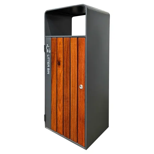 Kosz na śmieci ogrodowy szary 55L stal nierdzewna bez popielniczki z drewnem jatoba Serpent Tree Exclusive