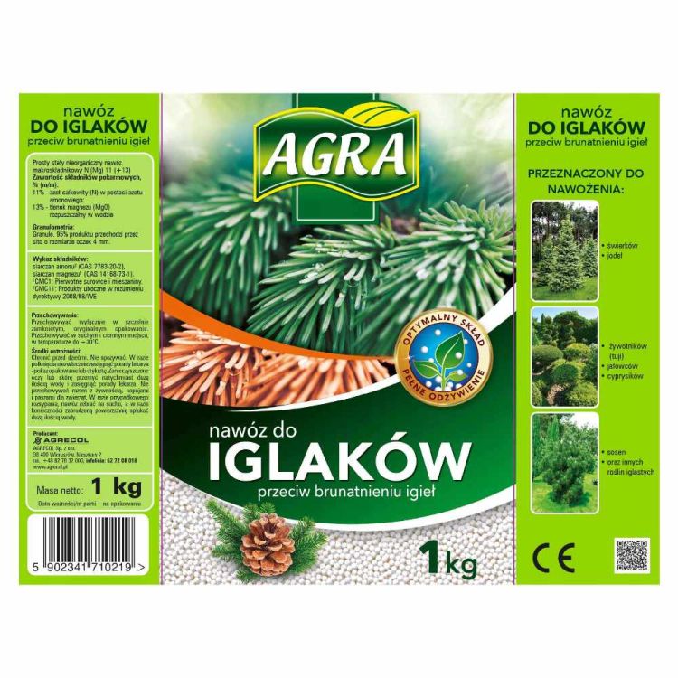 Nawóz granulowany Agra do iglaków 1kg mineralny N 11 MgO 13 przeciw brunatnieniu igieł
