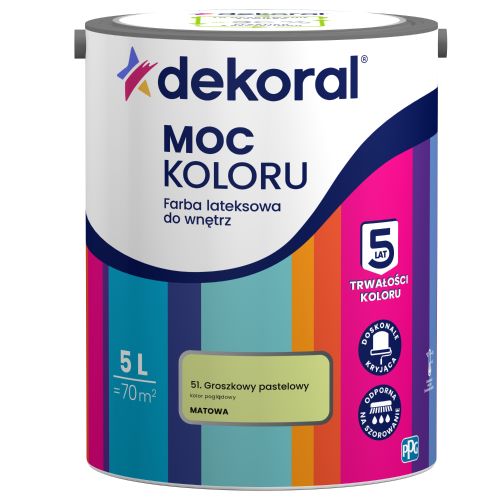 Farba lateksowa Dekoral Moc Koloru Groszkowy Pastelowy 5L ściany sufit mat