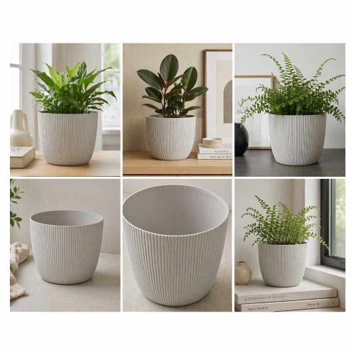 Doniczka Lamela Magnolia Jumper 14cm tworzywo sztuczne prążkowana taupe do roślin