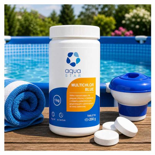 Tabletki chlorowe basenowe aqua star multichlor blue 1kg 200g wolne rozpuszczanie dezynfekcja