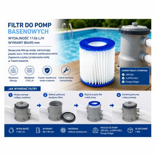 Filtr do pomp basenowych Polgar 1136l/h 80x90mm z włókna syntetycznego