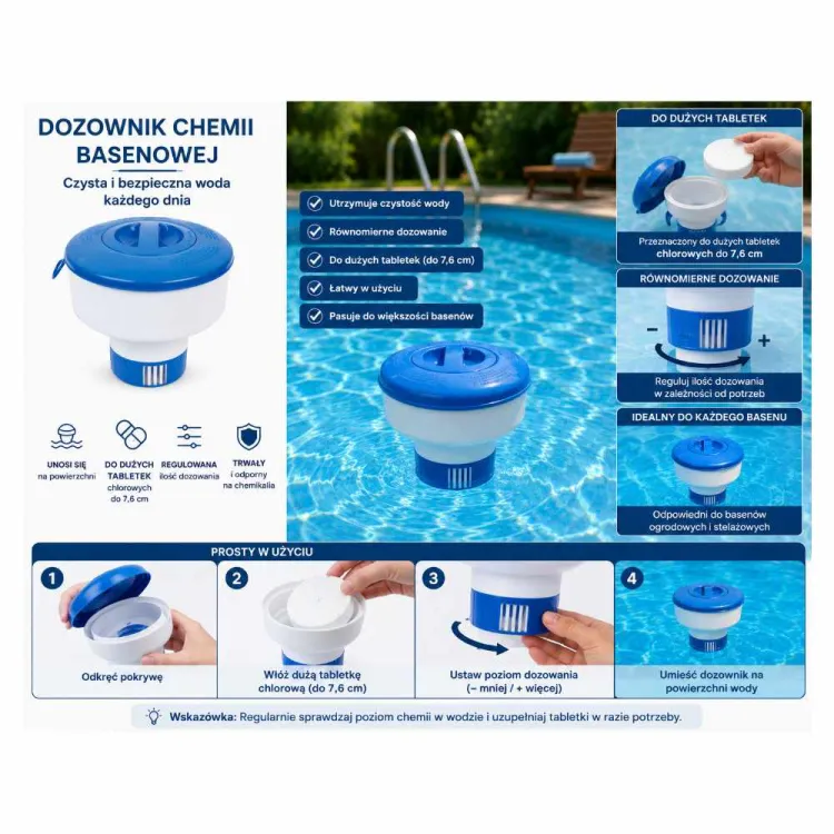Dozownik chemii basenowej pływak Avenli CleanPlus tabletki 76mm regulowany