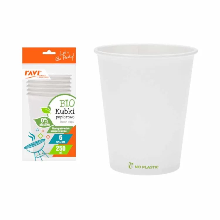 Kubki papierowe Ravi Bio 250ml biodegradowalne 6szt do napojów zimnych i ciepłych