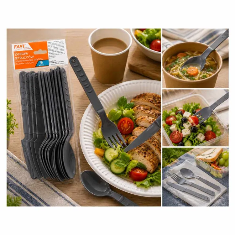 Zestaw sztućców wielokrotnego użytku Ravi 9el BPA free szary