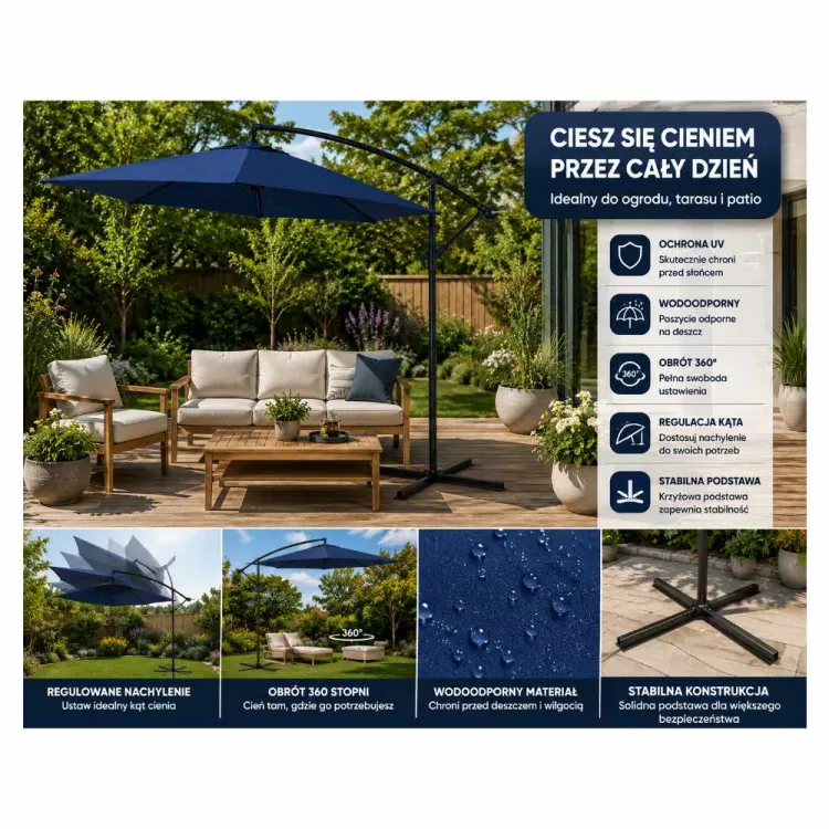 Parasol ogrodowy Jumi 300x300cm składany na wysięgniku z regulowaną czaszą niebieski