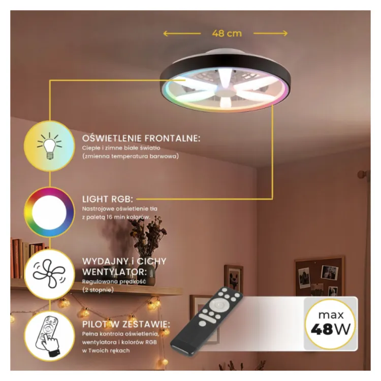 Plafon LED z wentylatorem King Berry Savir B 48W CCT RGB z pilotem