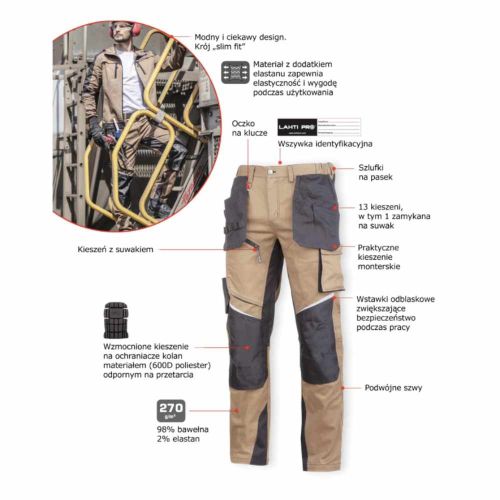 Spodnie robocze Lahti Pro L4052204 Stretch rozmiar XL brązowo czarne