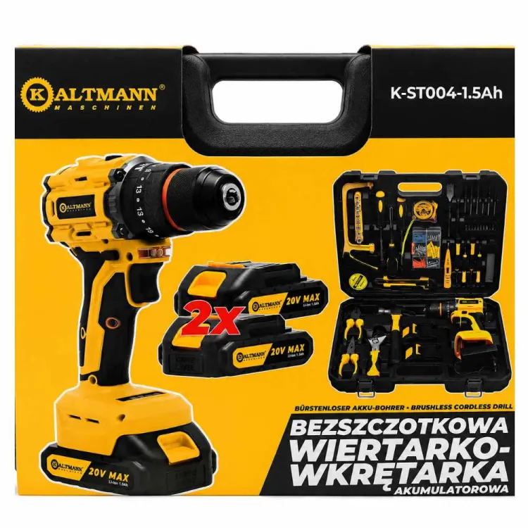 Zestaw narzędziowy Kaltmann K-ST004 z bezszczotkową wiertarko-wkrętarką 20V 2x1,5Ah
