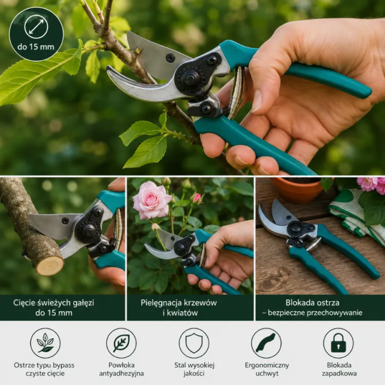 Sekator ogrodowy ręczny do gałęzi 15mm hartowane ostrze aluminiowy uchwyt GR620