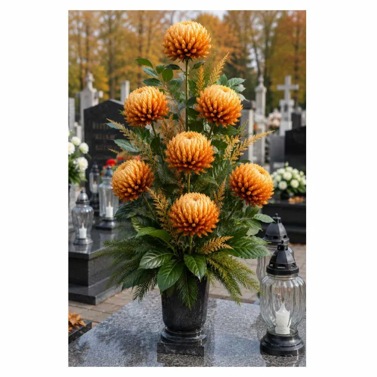Sztuczna chryzantema na łodydze 75cm żółto-pomarańczowo-brązowa