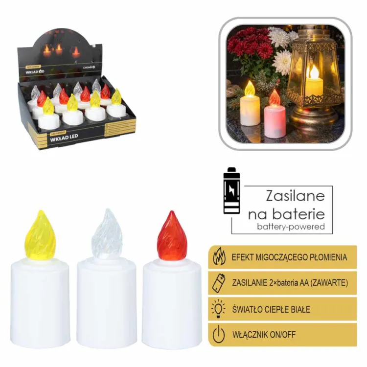Wkład LED do znicza migoczący płomień ciepła biel 10,5cm 2xAA mix kolorów