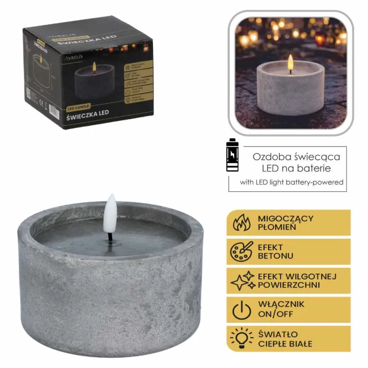 Świeca LED na baterie 12x9,5cm efekt betonu migoczący płomień Avrelis