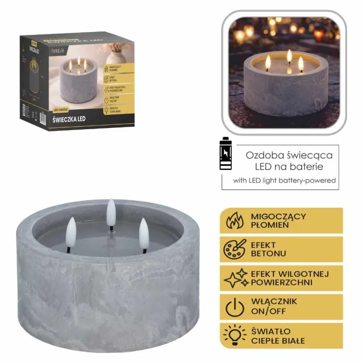 Świeca LED 3 płomienie efekt betonu 15,5x10cm ciepła biała Avrelis