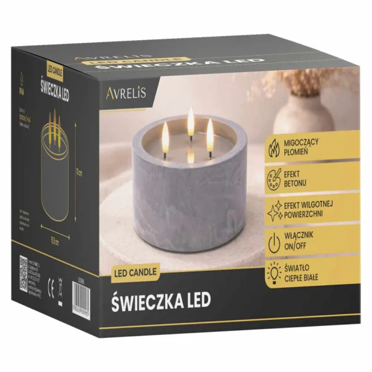Świeca LED 3 płomienie efekt betonu 15,5x10cm ciepła biała Avrelis