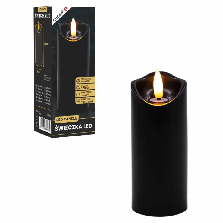 Świeczka LED czarna migoczący płomień ciepła biel 5x12,5cm Chomik