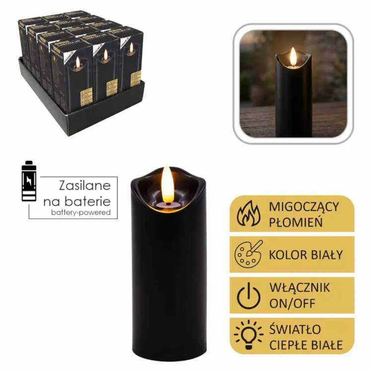 Świeczka LED czarna migoczący płomień ciepła biel 5x12,5cm Chomik
