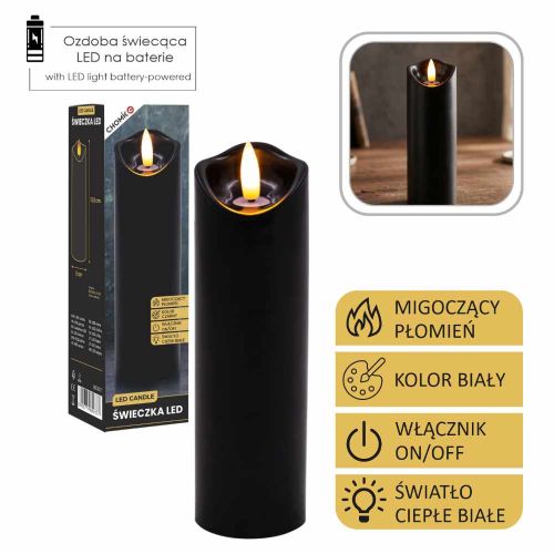 Świeca LED czarna 5x17,5cm migoczący płomień ciepła biel na baterie Chomik