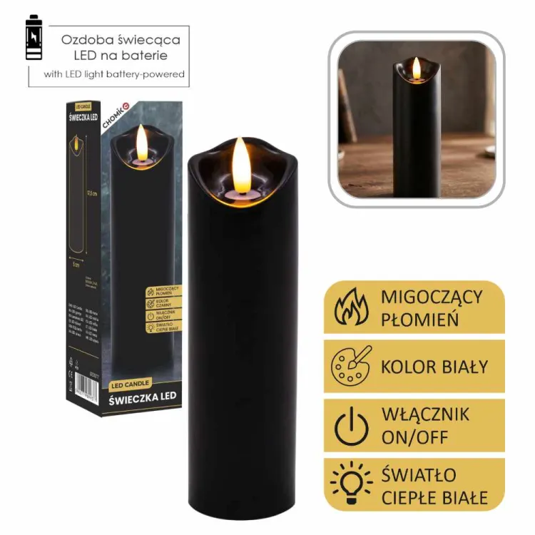Świeca LED czarna 5x17,5cm migoczący płomień ciepła biel na baterie Chomik