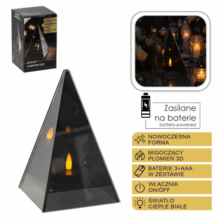 Lampion LED szklany piramida 3D migoczący płomień 12x12x19cm Chomik