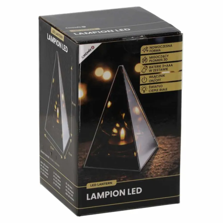 Lampion LED szklany piramida 3D migoczący płomień 12x12x19cm Chomik