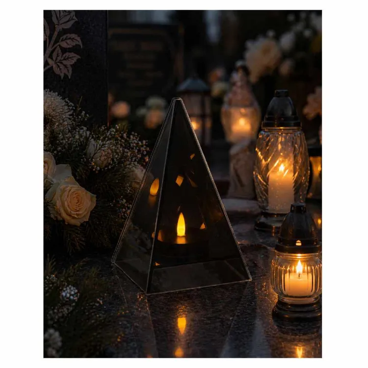 Lampion LED szklany piramida 3D migoczący płomień 12x12x19cm Chomik