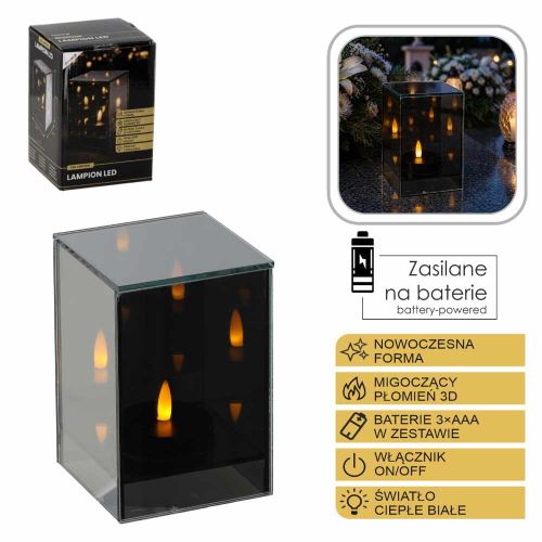 Lampion LED szklany 10x10x15cm płomień 3D ciepłe światło Chomik