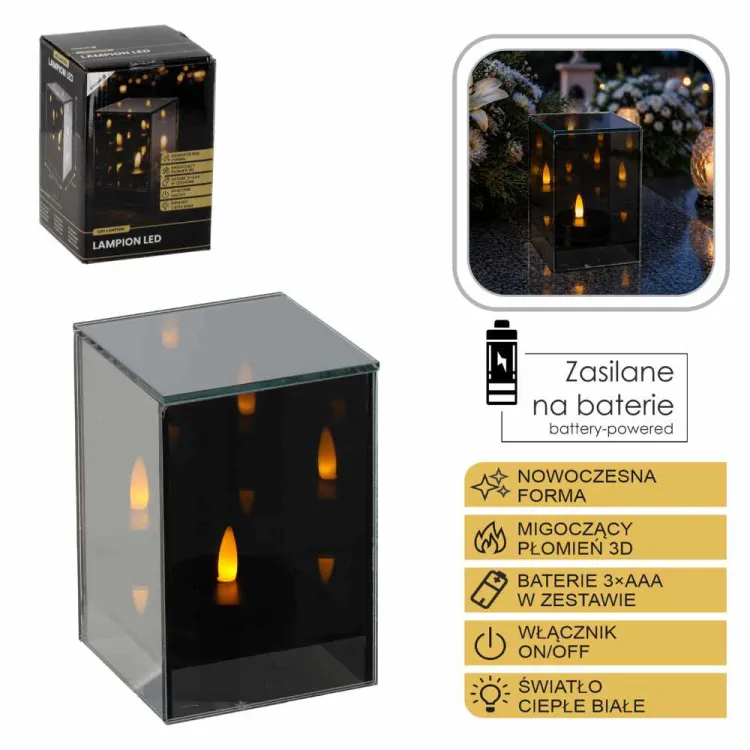 Lampion LED szklany 10x10x15cm płomień 3D ciepłe światło Chomik