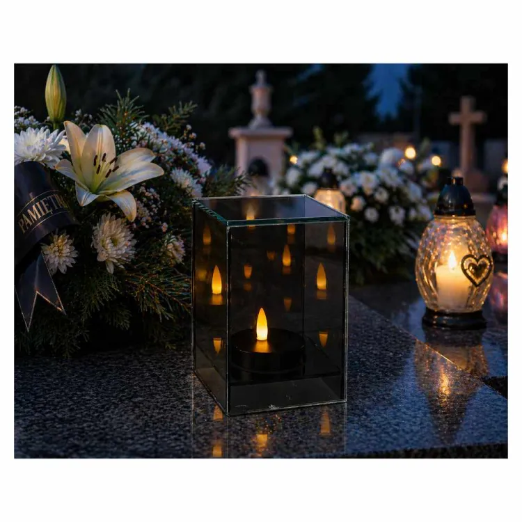 Lampion LED szklany 10x10x15cm płomień 3D ciepłe światło Chomik