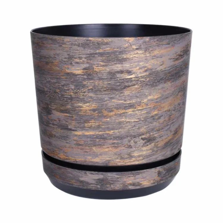 Osłonka na doniczkę plastikowa ze zintegrowaną podstawką rdzawa kora 18x18x18cm
