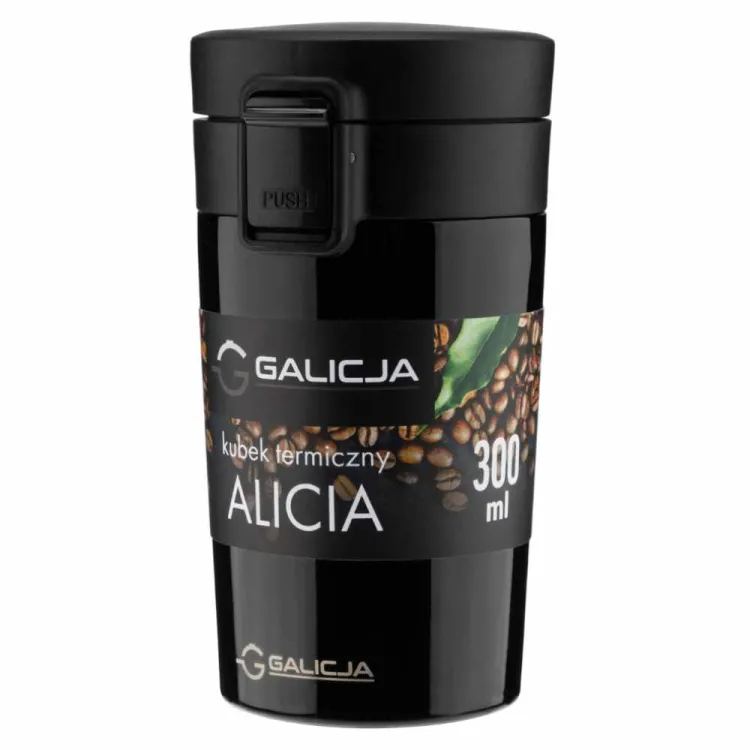 Kubek termiczny 300ml stalowy na przycisk z blokadą Alicia czarny Galicja