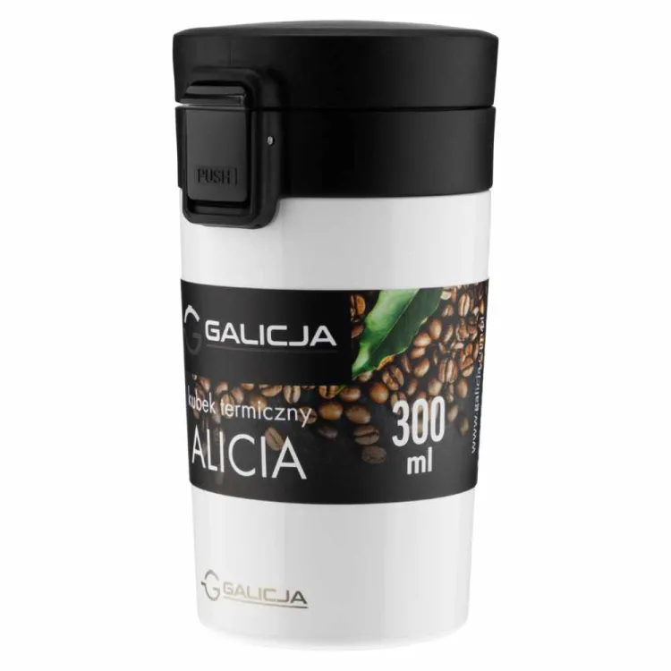 Kubek termiczny 300ml stalowy na przycisk z blokadą Alicia biały Galicja