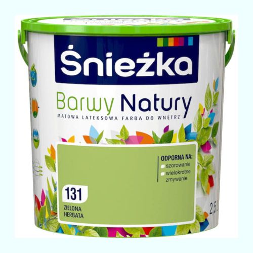 Farba lateksowa Śnieżka Barwy Natury Zielona Herbata 2,5L matowa do ścian i sufitów wewnętrznych odporna na szorowanie