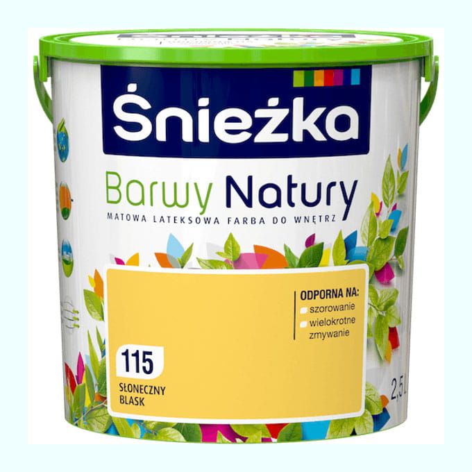 Farba lateksowa Śnieżka Barwy Natury Słoneczny Blask 2,5L matowa do ścian i sufitów wewnętrznych odporna na szorowanie