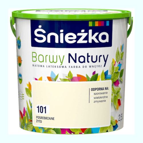 Farba lateksowa Śnieżka Barwy Natury Posrebrzane Żyto 2,5L matowa do ścian i sufitów wewnętrznych odporna na szorowanie