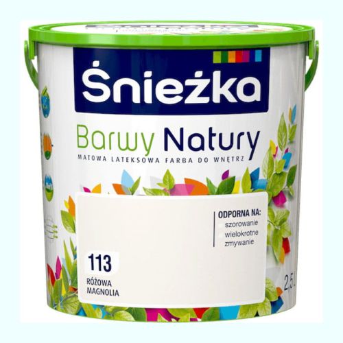 Farba lateksowa Śnieżka Barwy Różowa Magnolia 2,5L matowa do ścian i sufitów wewnętrznych odporna na szorowanie