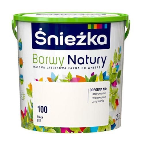 Farba lateksowa Śnieżka Barwy Biały Beż 2,5L matowa do ścian i sufitów wewnętrznych odporna na szorowanie