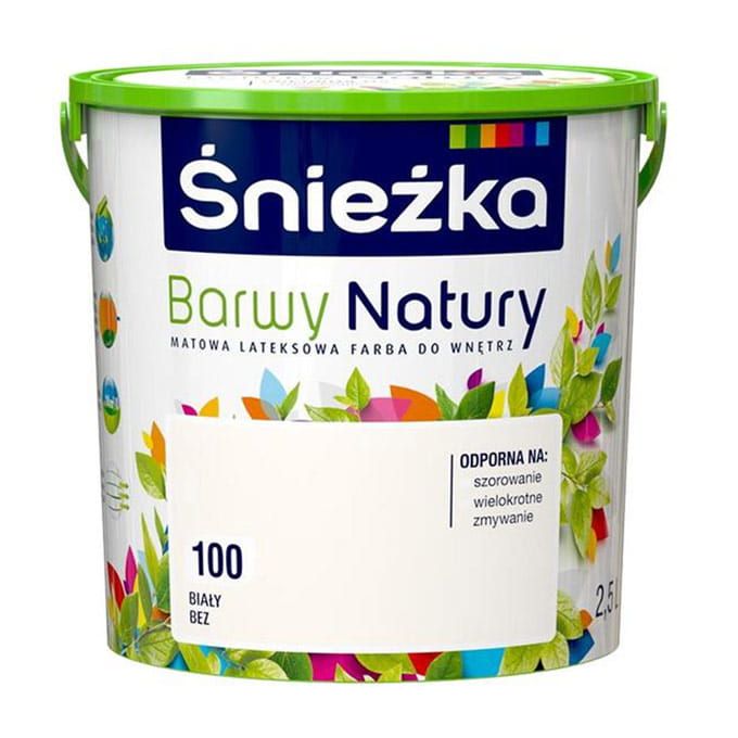 Farba lateksowa Śnieżka Barwy Biały Beż 2,5L matowa do ścian i sufitów wewnętrznych odporna na szorowanie
