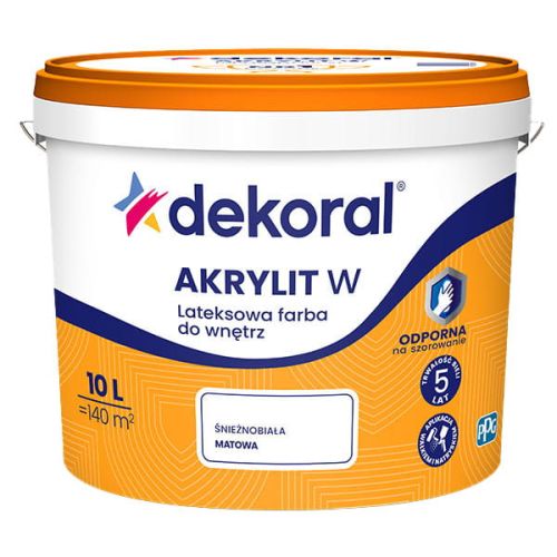 Farba lateksowa Dekoral Akrylit W 10L biała matowa do ścian i sufitów odporna na szorowanie