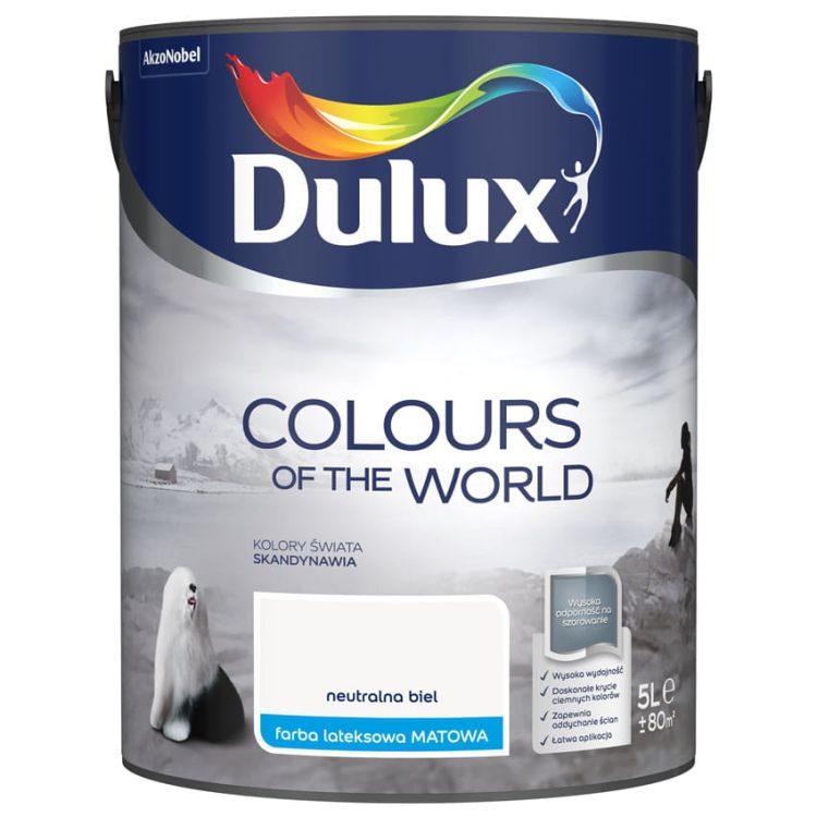 Farba lateksowa Dulux Kolory Świata Neutralna Biel 5L do ścian i sufitów matowa odporna na zmywanie do wnętrz