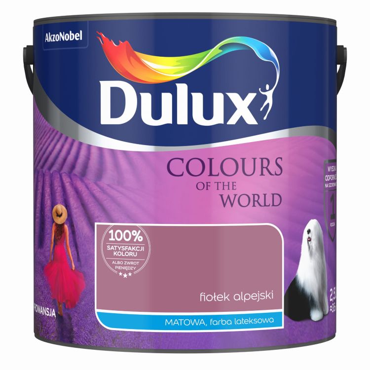 Farba lateksowa Dulux Kolory Świata Fiołek Alpejski 2,5L do ścian i sufitów matowa odporna na zmywanie do wnętrz